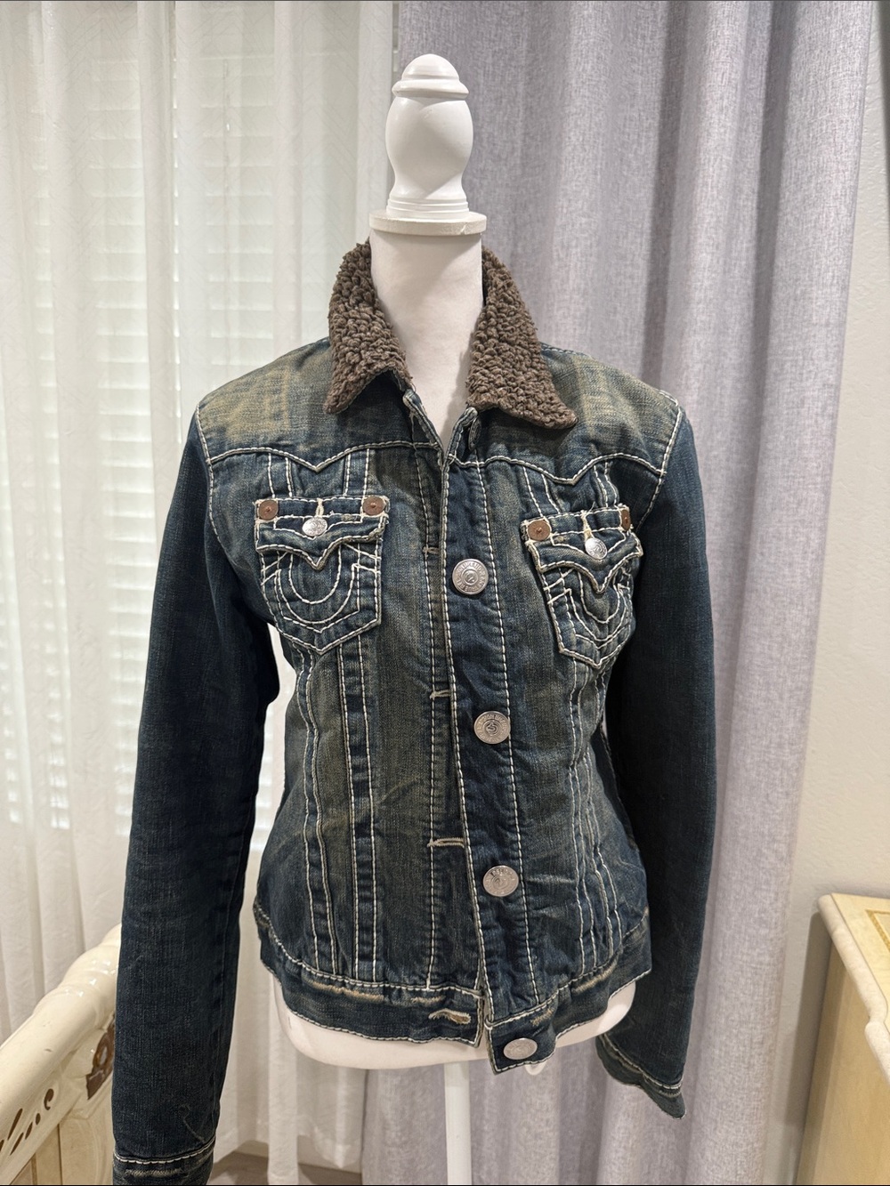True Religion Women's Dark Blue Denim Jacket with Brown Sherpa Collar